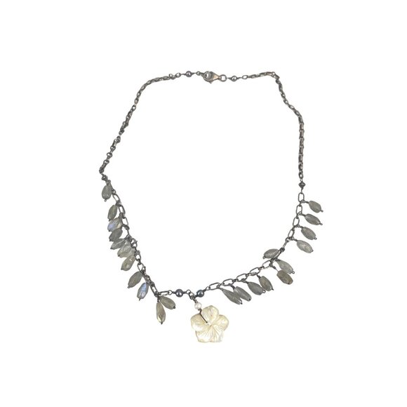 Vintage Labradorite & Mother of Pearl Flower Pendant Necklace 16" Sterling Silve - Picture 9 of 9